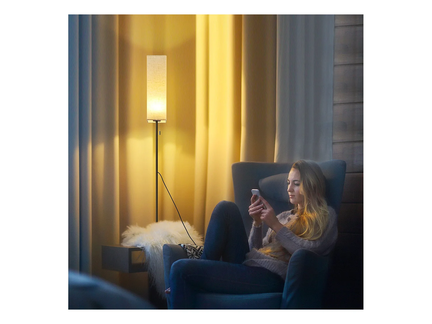 NETTLIFE Lampadaire LED à Intensité Variable Rétro Abat-jour En Tissu Pour Salon Avec Interrupteur à Tirette