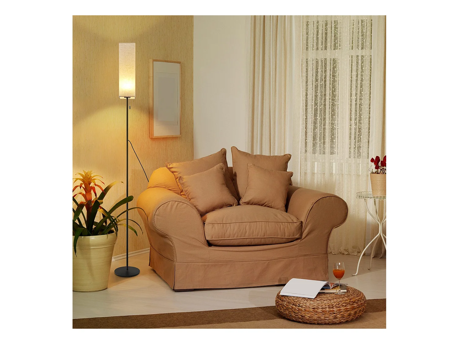 NETTLIFE Lampadaire LED à Intensité Variable Rétro Abat-jour En Tissu Pour Salon Avec Interrupteur à Tirette