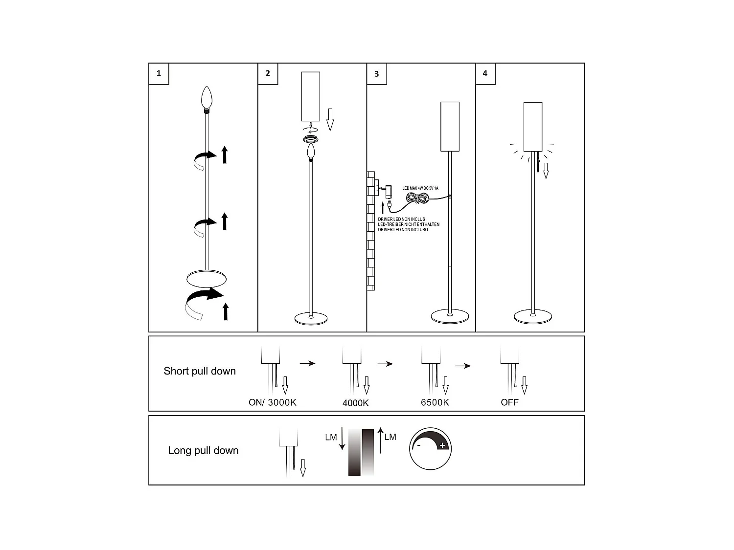 NETTLIFE Lampadaire LED à Intensité Variable Rétro Abat-jour En Tissu Pour Salon Avec Interrupteur à Tirette