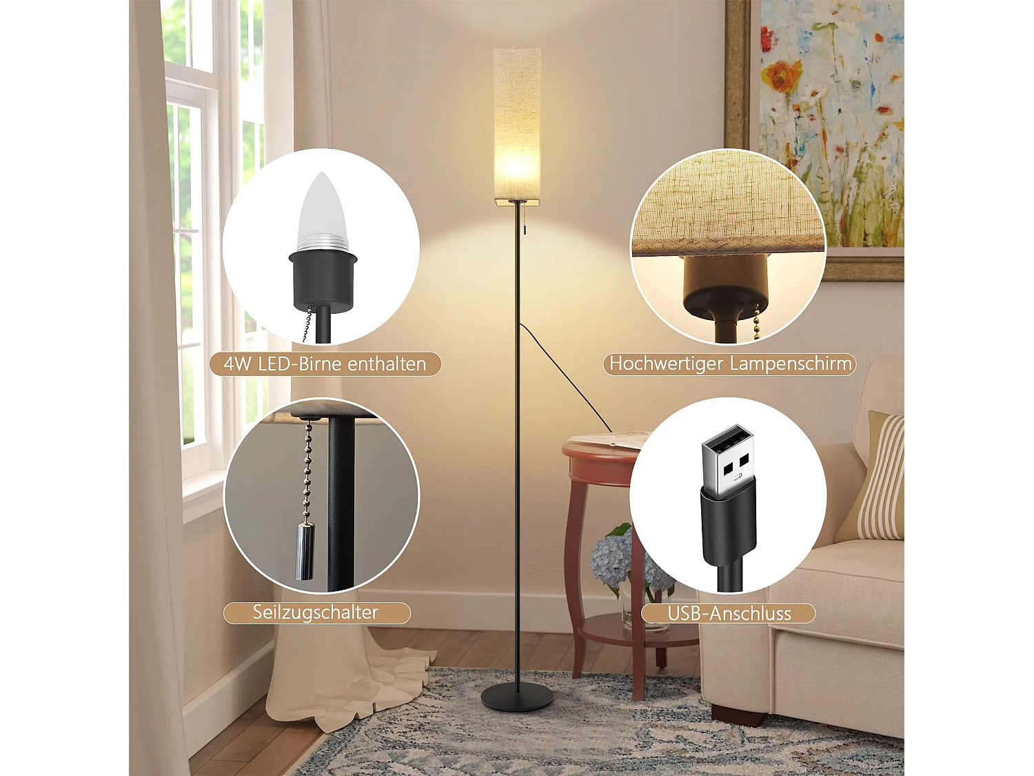 NETTLIFE Lampadaire LED à Intensité Variable Rétro Abat-jour En Tissu Pour Salon Avec Interrupteur à Tirette