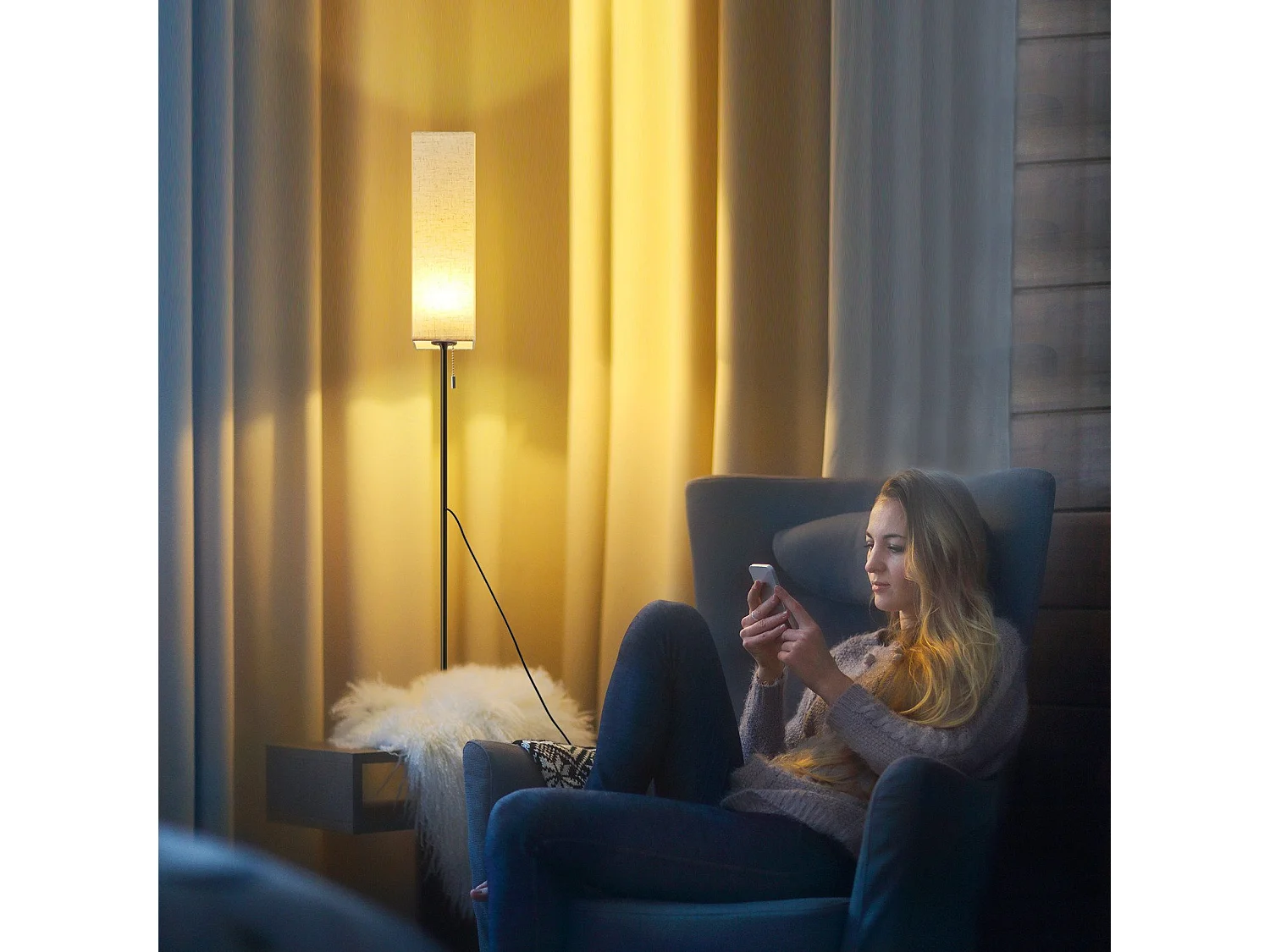 NETTLIFE Lampadaire LED à Intensité Variable Rétro Abat-jour En Tissu Pour Salon Avec Interrupteur à Tirette