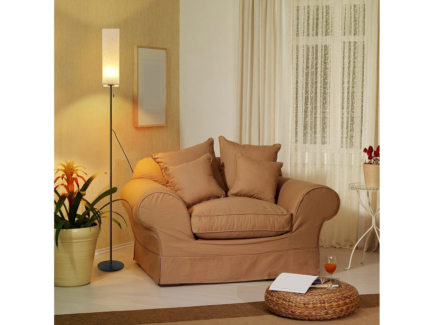 NETTLIFE Lampadaire LED à Intensité Variable Rétro Abat-jour En Tissu Pour Salon Avec Interrupteur à Tirette