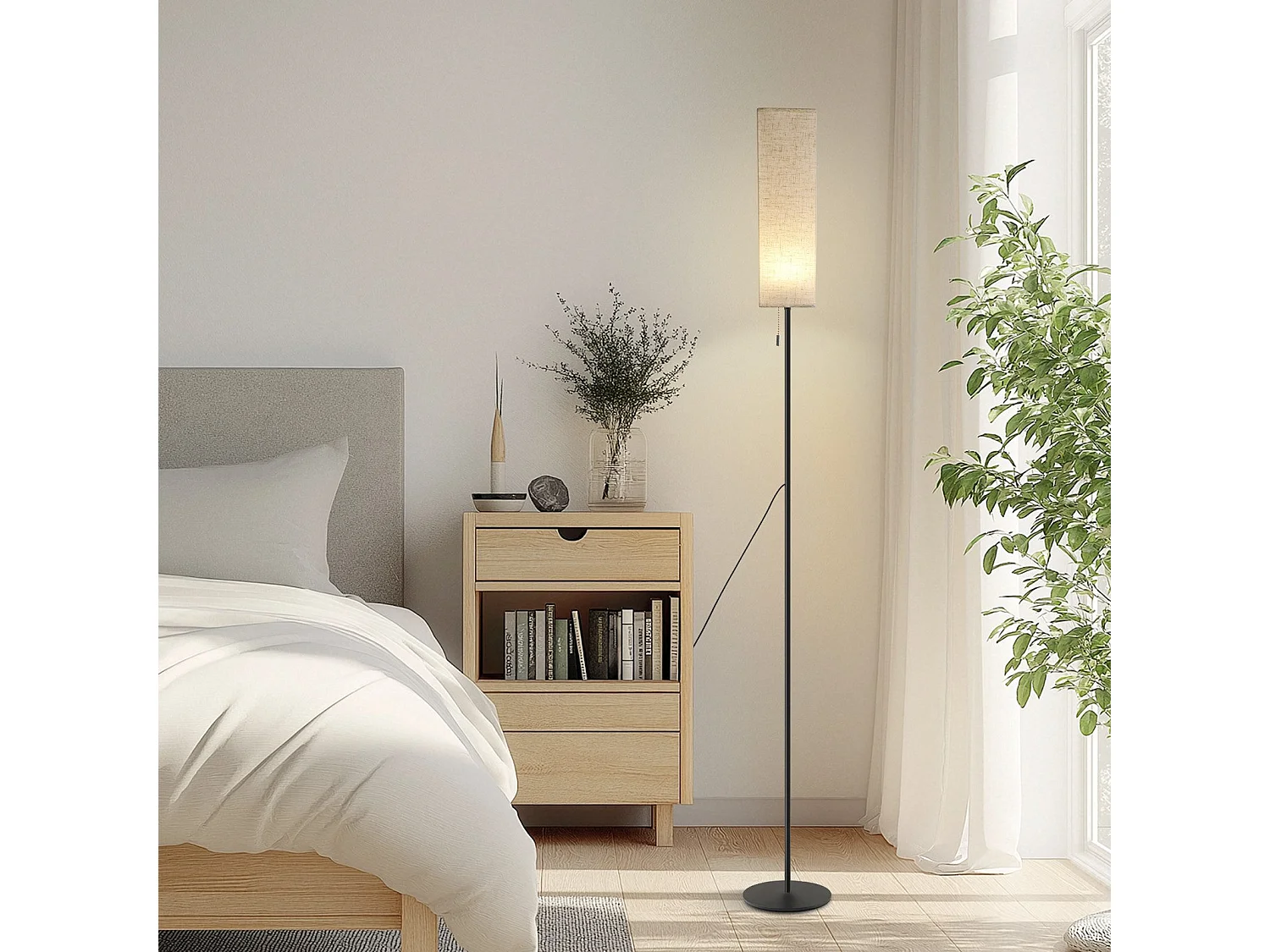 NETTLIFE Dimbare LED-vloerlamp met retro stoffen kap voor woonkamer met trekschakelaar