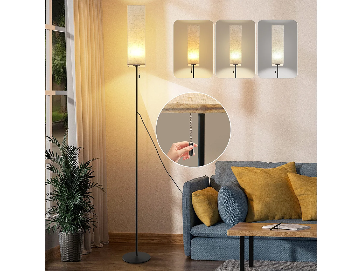 NETTLIFE Lampadaire LED à Intensité Variable Rétro Abat-jour En Tissu Pour Salon Avec Interrupteur à Tirette