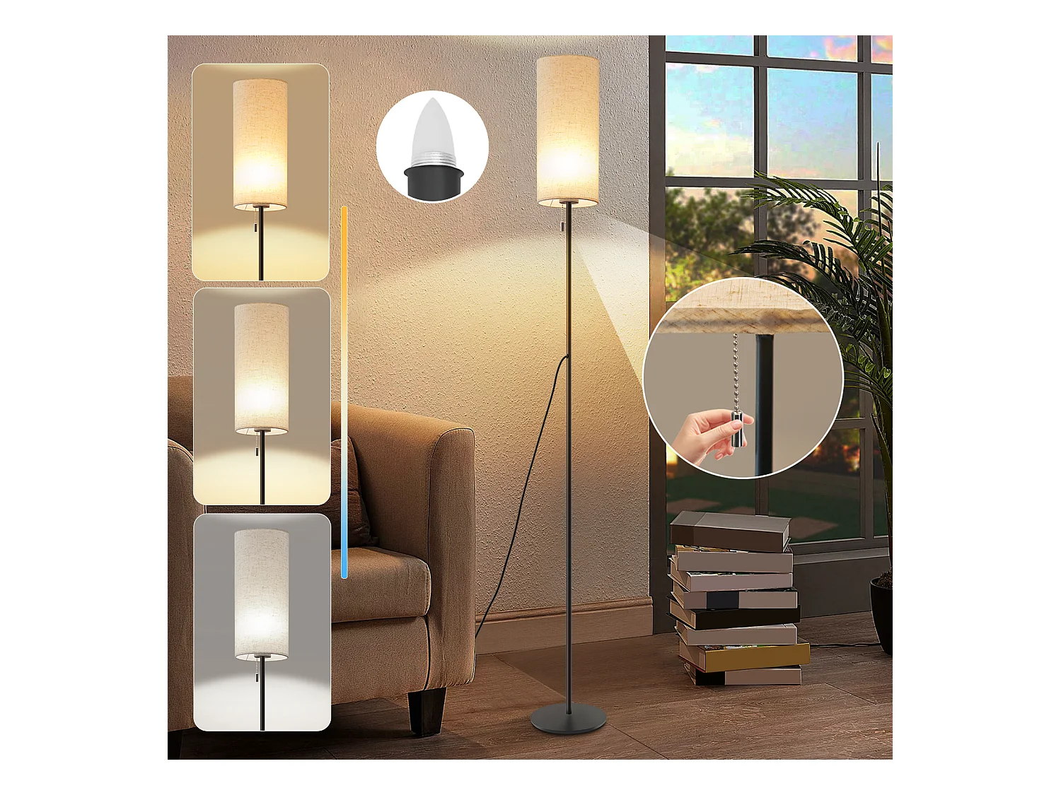 NETTLIFE Dimbare LED-vloerlamp met retro stoffen kap voor woonkamer met trekschakelaar