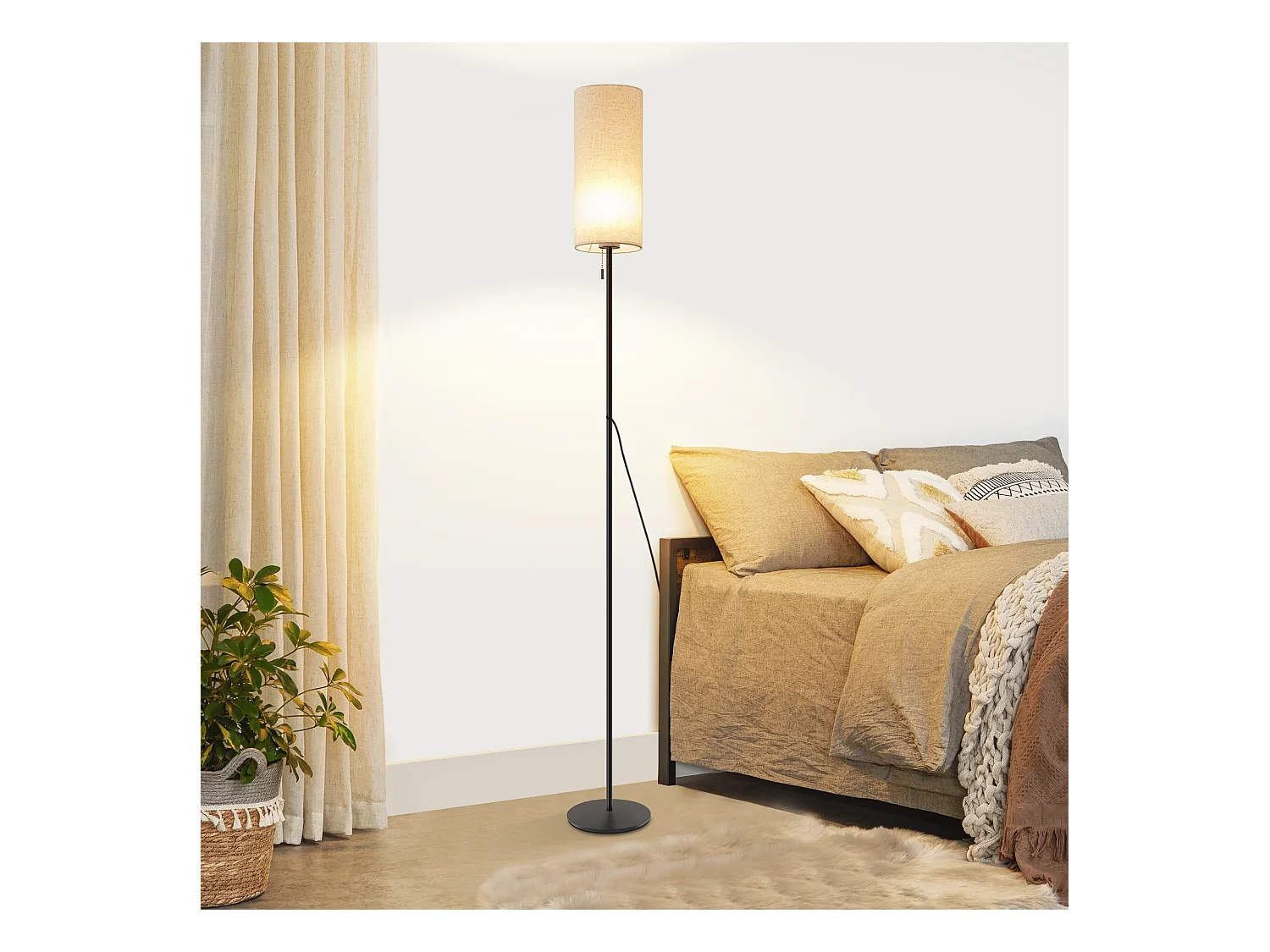 NETTLIFE Dimbare LED-vloerlamp met retro stoffen kap voor woonkamer met trekschakelaar