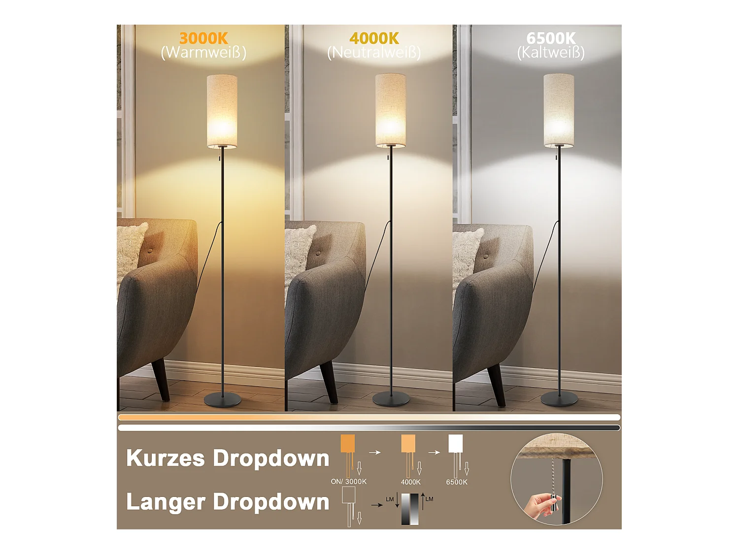 NETTLIFE Dimbare LED-vloerlamp met retro stoffen kap voor woonkamer met trekschakelaar