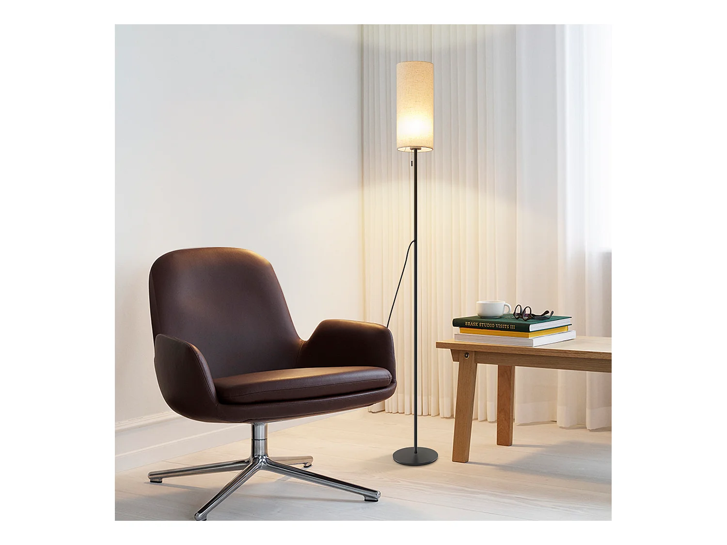 NETTLIFE Dimbare LED-vloerlamp met retro stoffen kap voor woonkamer met trekschakelaar