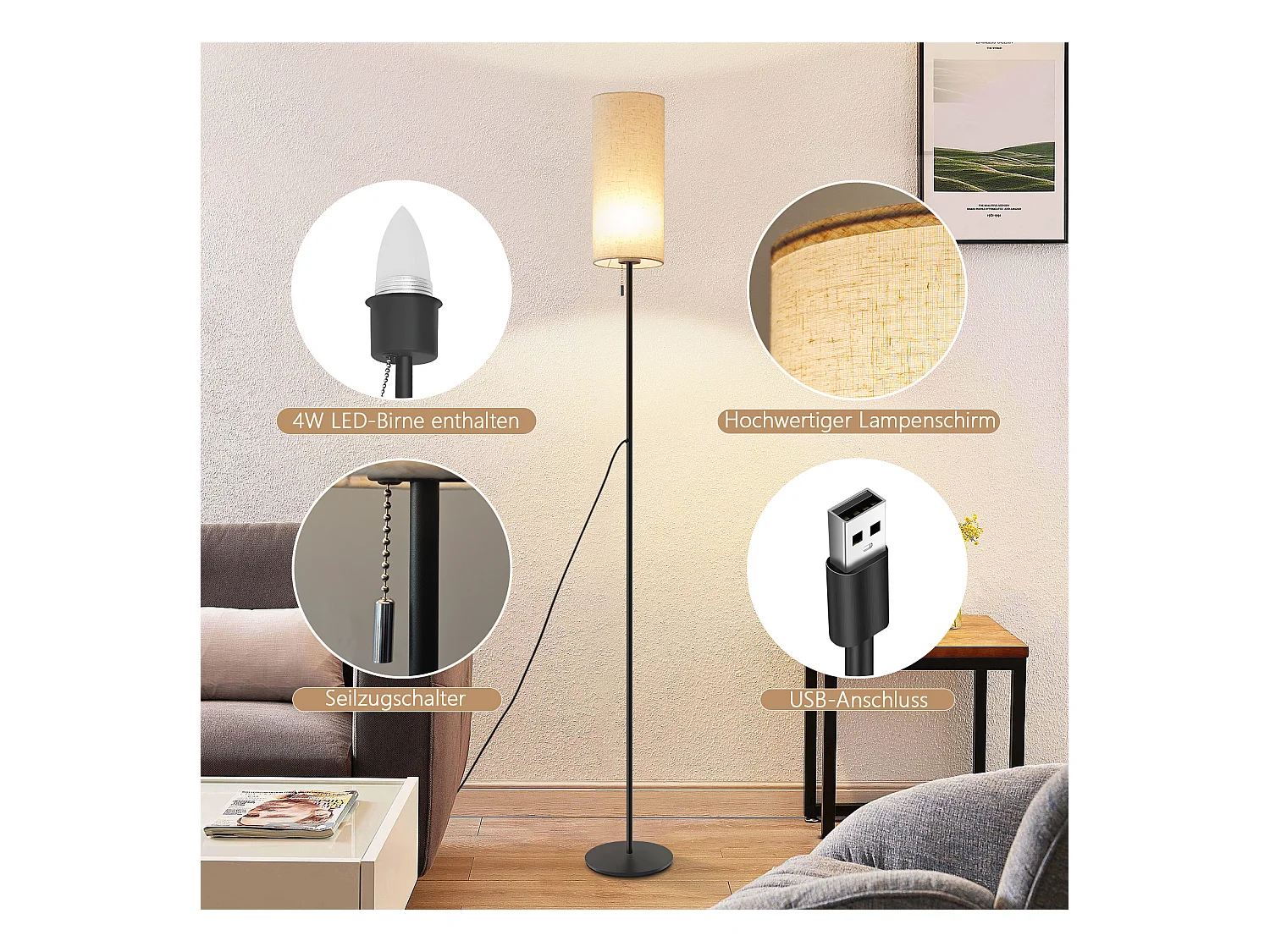 NETTLIFE Dimbare LED-vloerlamp met retro stoffen kap voor woonkamer met trekschakelaar