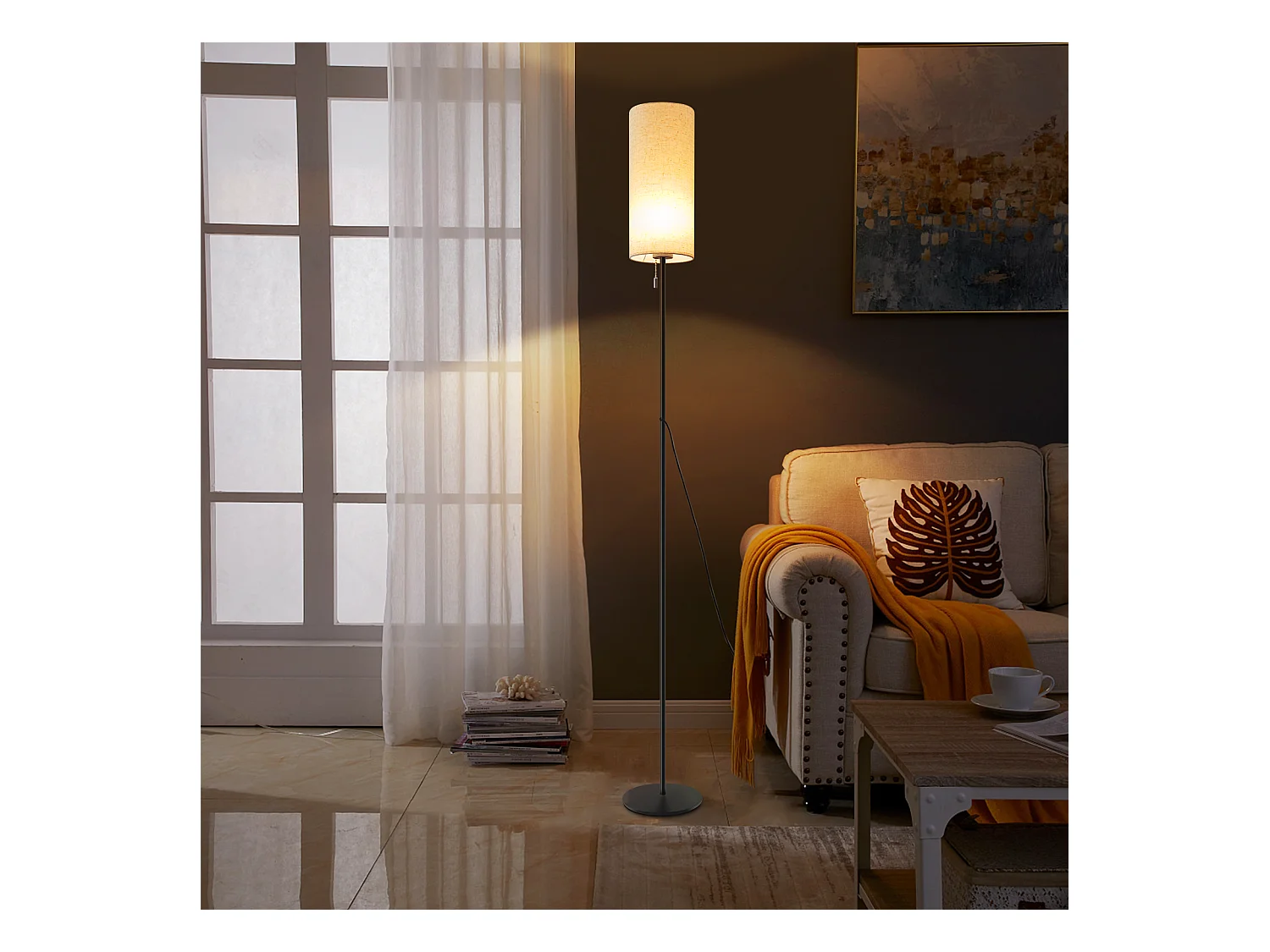 NETTLIFE Dimbare LED-vloerlamp met retro stoffen kap voor woonkamer met trekschakelaar