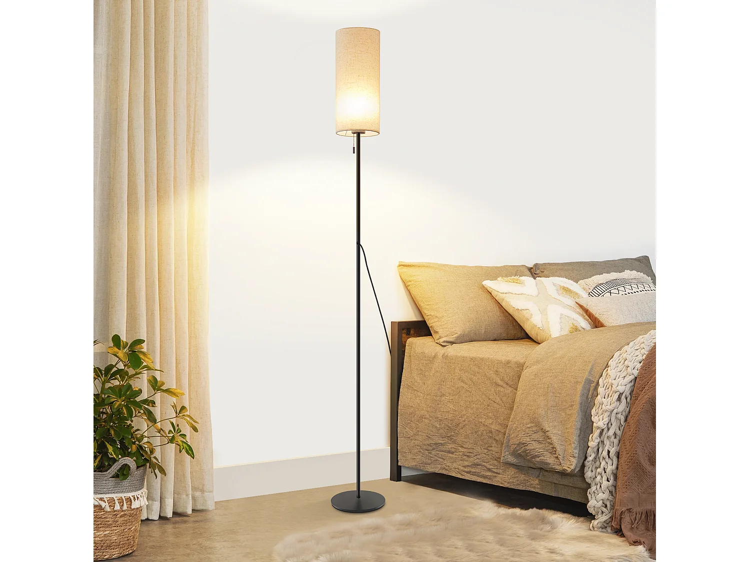 NETTLIFE Lampadaire LED à Intensité Variable Rétro Abat-jour En Tissu Pour Salon Avec Interrupteur à Tirette