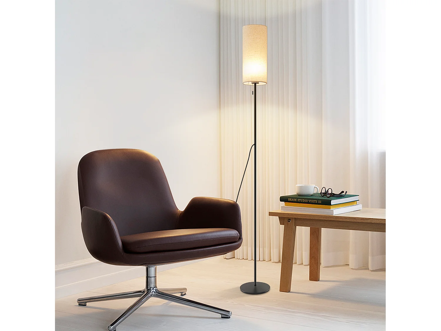 NETTLIFE Lampadaire LED à Intensité Variable Rétro Abat-jour En Tissu Pour Salon Avec Interrupteur à Tirette