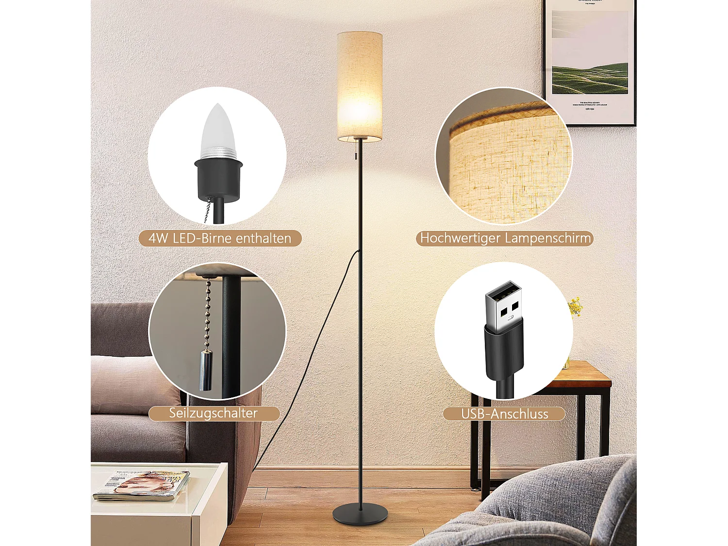 NETTLIFE Lampadaire LED à Intensité Variable Rétro Abat-jour En Tissu Pour Salon Avec Interrupteur à Tirette