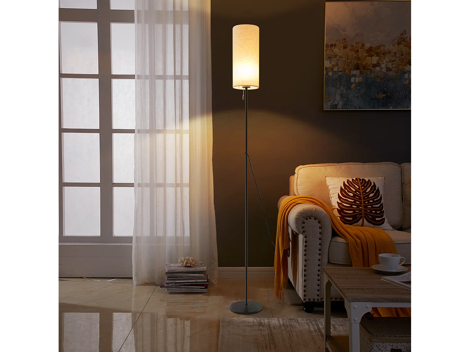 NETTLIFE Lampadaire LED à Intensité Variable Rétro Abat-jour En Tissu Pour Salon Avec Interrupteur à Tirette
