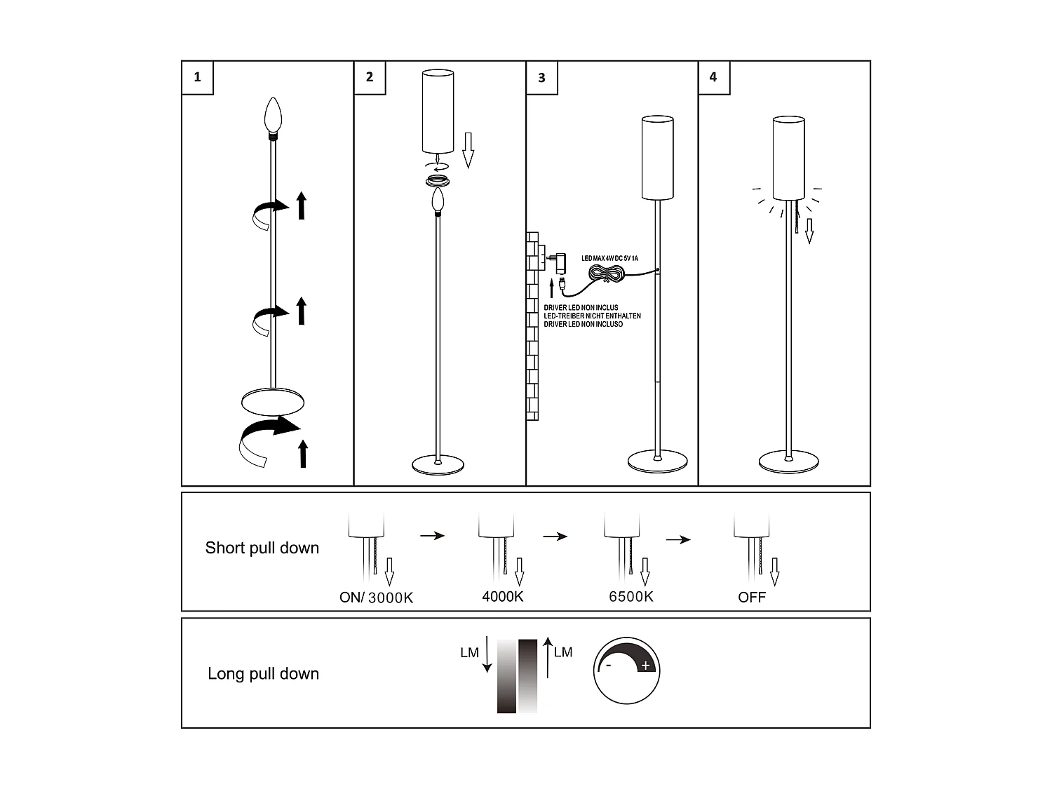 NETTLIFE Lampadaire LED à Intensité Variable Rétro Abat-jour En Tissu Pour Salon Avec Interrupteur à Tirette