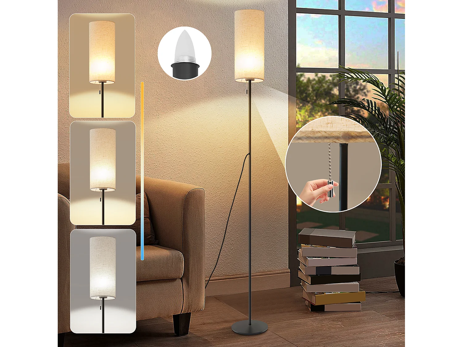 NETTLIFE Dimbare LED-vloerlamp met retro stoffen kap voor woonkamer met trekschakelaar