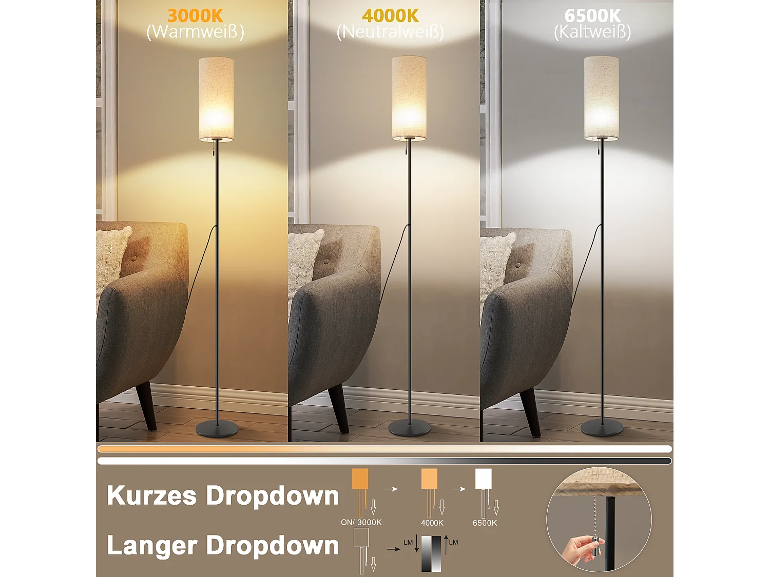 NETTLIFE Dimbare LED-vloerlamp met retro stoffen kap voor woonkamer met trekschakelaar