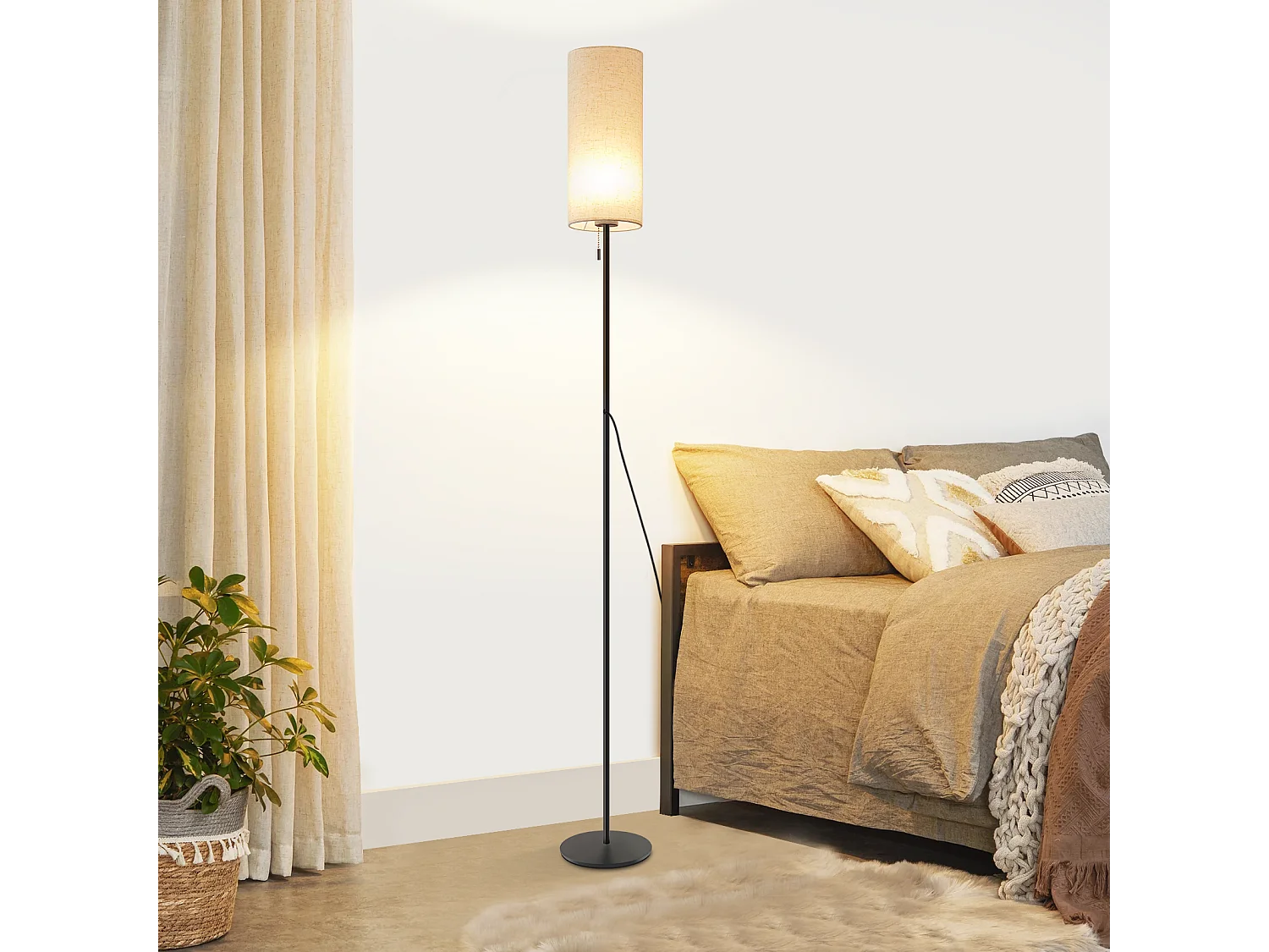 NETTLIFE Dimbare LED-vloerlamp met retro stoffen kap voor woonkamer met trekschakelaar