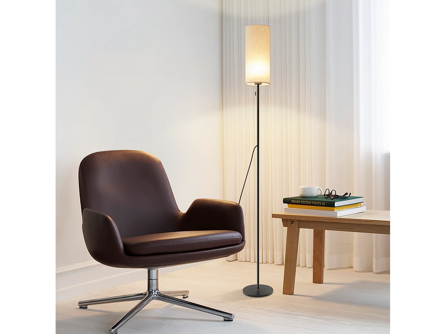 NETTLIFE Dimbare LED-vloerlamp met retro stoffen kap voor woonkamer met trekschakelaar