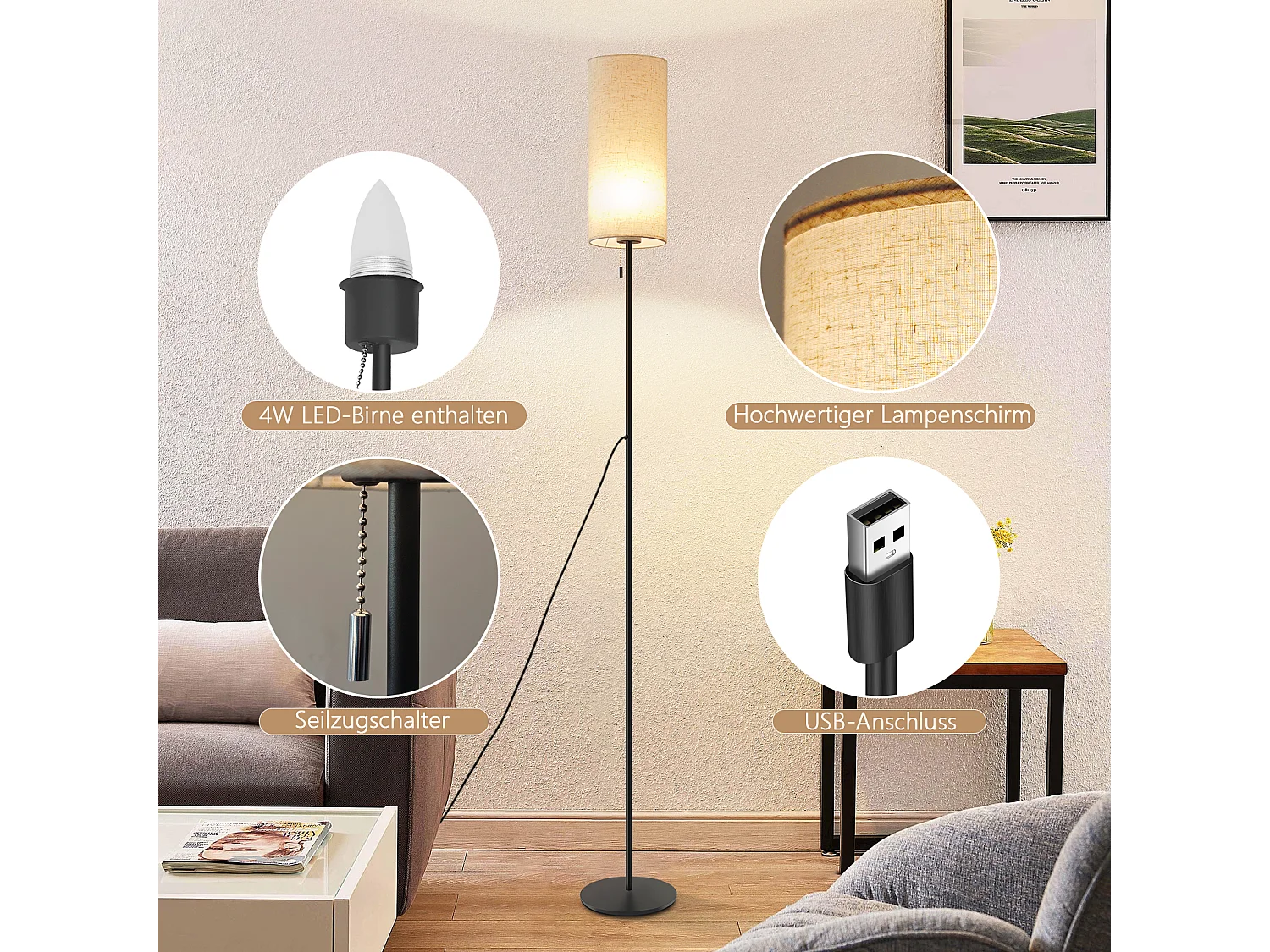 NETTLIFE Dimbare LED-vloerlamp met retro stoffen kap voor woonkamer met trekschakelaar