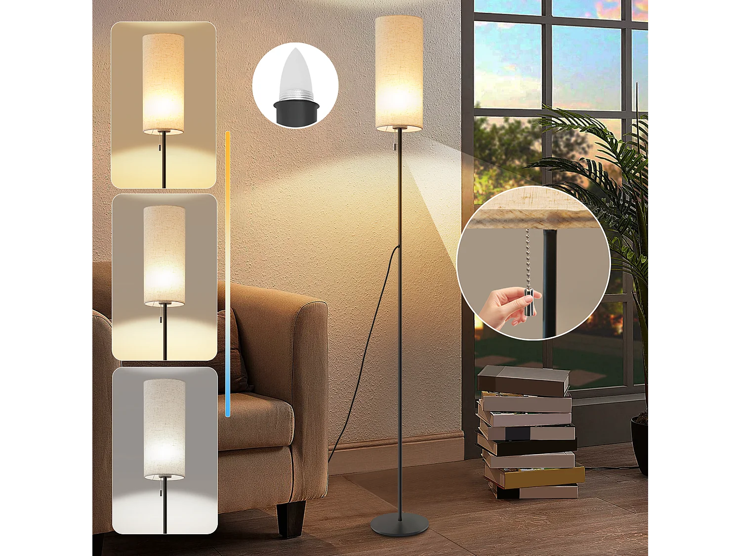 NETTLIFE Lampadaire LED à Intensité Variable Rétro Abat-jour En Tissu Pour Salon Avec Interrupteur à Tirette