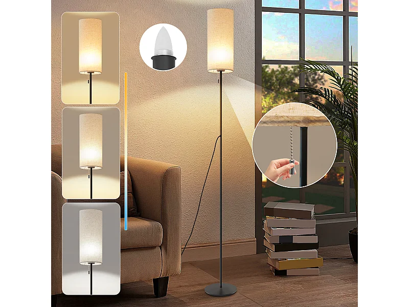 NETTLIFE Lampadaire LED à Intensité Variable Rétro Abat-jour En Tissu Pour Salon Avec Interrupteur à Tirette