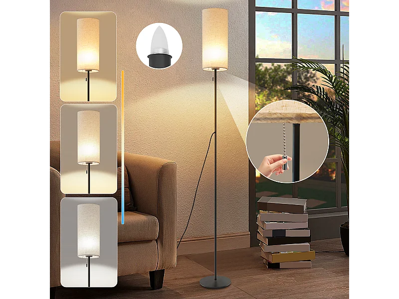 NETTLIFE Dimbare LED-vloerlamp met retro stoffen kap voor woonkamer met trekschakelaar