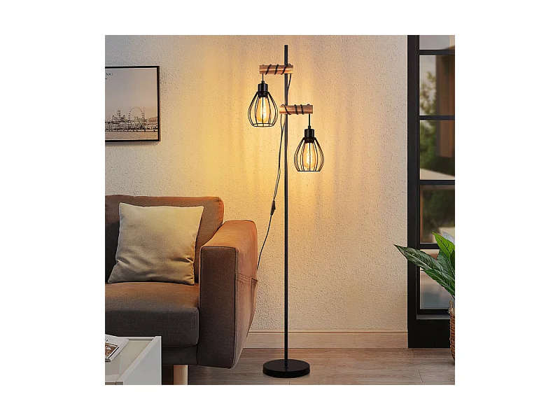 NETTLIFE Stehleuchte Wohnzimmer Schwarze Stehlampe: Industrielle Metall Holz Stehlampe E27 2-flammige Stehlampe mit Käfiglampenschirm 152cm (ohne Leuchtmittel)