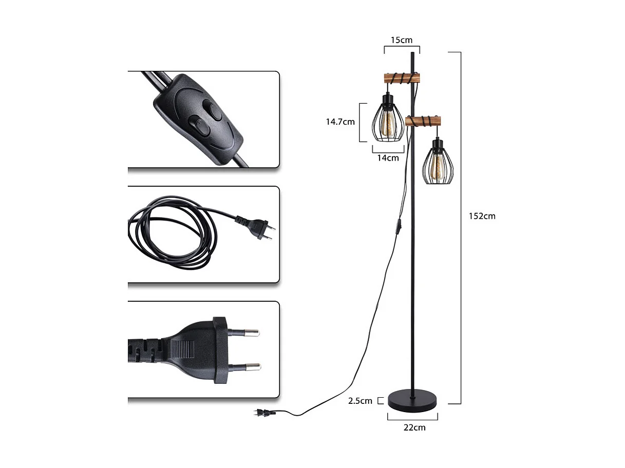 NETTLIFE Stehleuchte Wohnzimmer Schwarze Stehlampe: Industrielle Metall Holz Stehlampe E27 2-flammige Stehlampe mit Käfiglampenschirm 152cm (ohne Leuchtmittel)