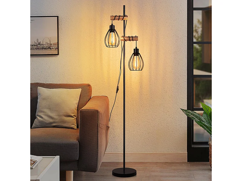 NETTLIFE lampadaire salon lampadaire noir : lampadaire bois métal industriel e27 lampadaire 2 lumières avec abat-jour cage 152cm (sans ampoule)