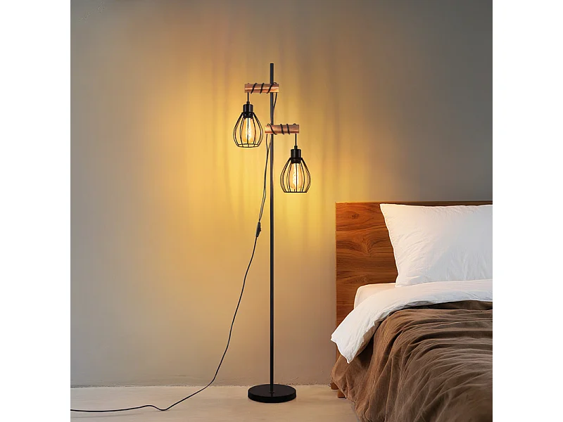NETTLIFE staande lamp woonkamer zwarte staande lamp: industriële metalen houten staande lamp e27 2-lichts staande lamp met kooilampenkap 152cm (zonder lamp)