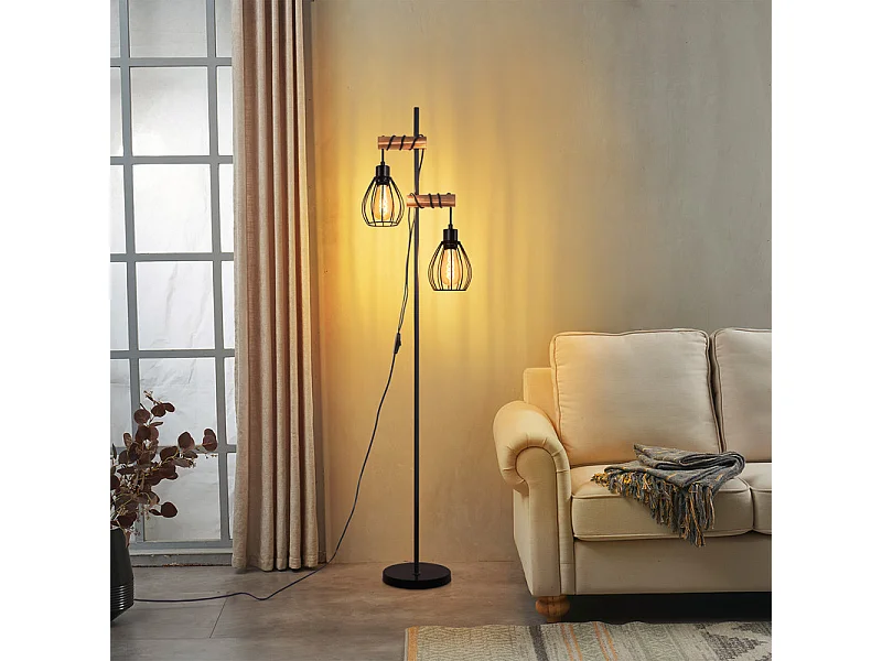 NETTLIFE staande lamp woonkamer zwarte staande lamp: industriële metalen houten staande lamp e27 2-lichts staande lamp met kooilampenkap 152cm (zonder lamp)