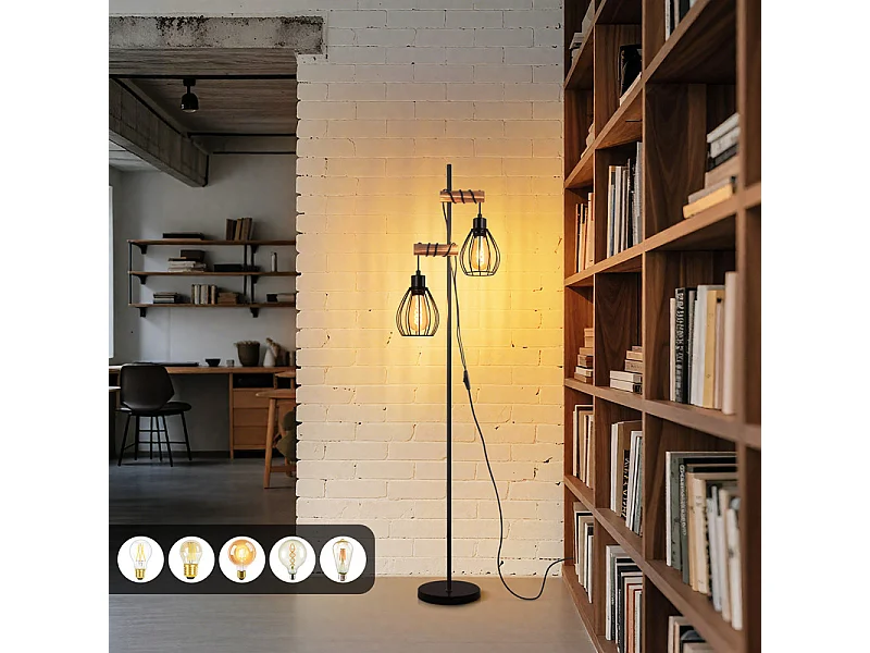 NETTLIFE staande lamp woonkamer zwarte staande lamp: industriële metalen houten staande lamp e27 2-lichts staande lamp met kooilampenkap 152cm (zonder lamp)