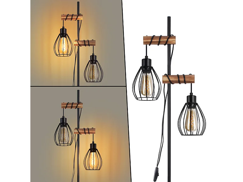 NETTLIFE staande lamp woonkamer zwarte staande lamp: industriële metalen houten staande lamp e27 2-lichts staande lamp met kooilampenkap 152cm (zonder lamp)