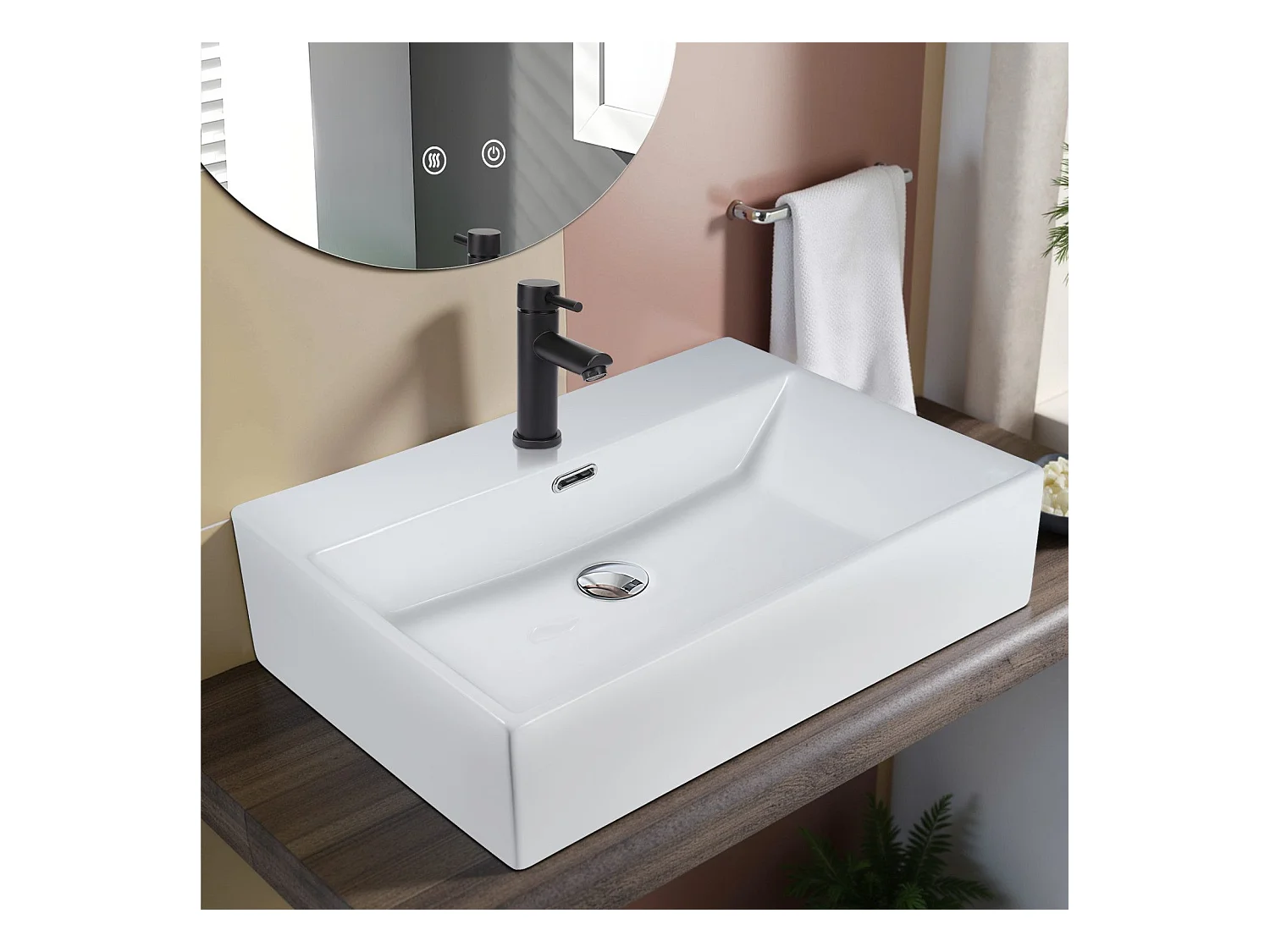 NETTLIFE vasque à poser, Lavabo de salle de bain céramique Blanc - Vasque carrée 60 x 42cm