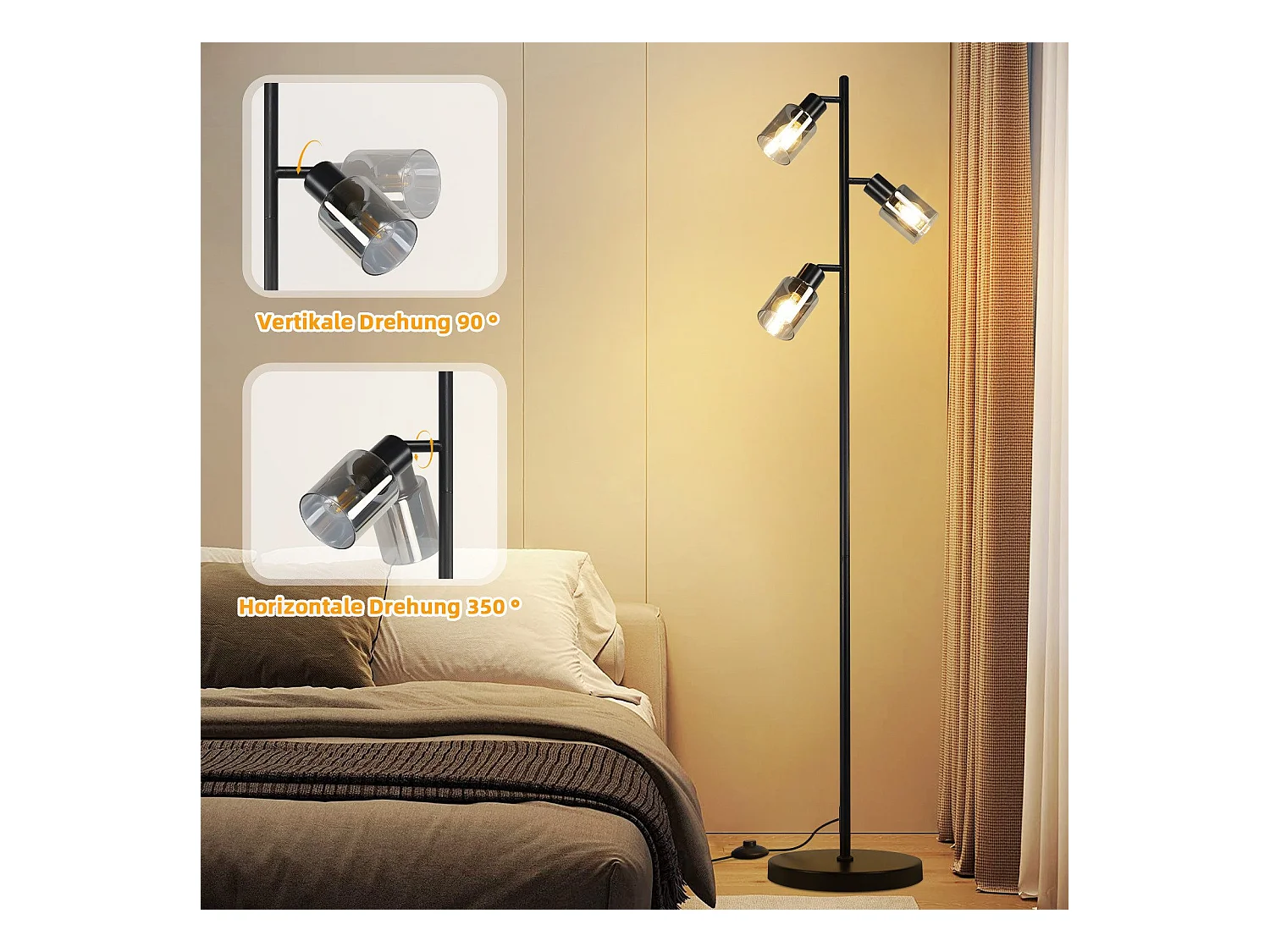 NETTLIFE Vintage staande lamp woonkamer zwarte tafellamp 3 glazen vlammen E14 fitting metalen verstelbare tafellamp 350