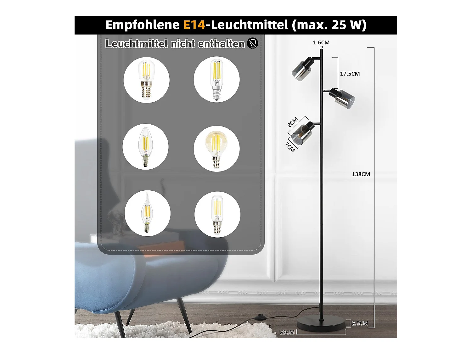 NETTLIFE Vintage staande lamp woonkamer zwarte tafellamp 3 glazen vlammen E14 fitting metalen verstelbare tafellamp 350