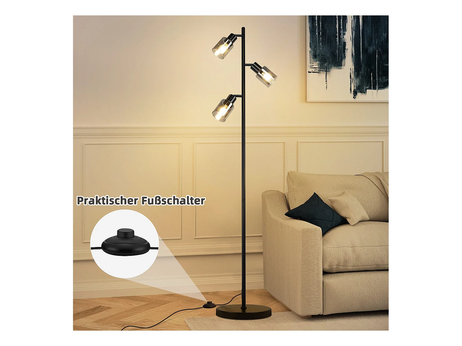 NETTLIFE Vintage staande lamp woonkamer zwarte tafellamp 3 glazen vlammen E14 fitting metalen verstelbare tafellamp 350