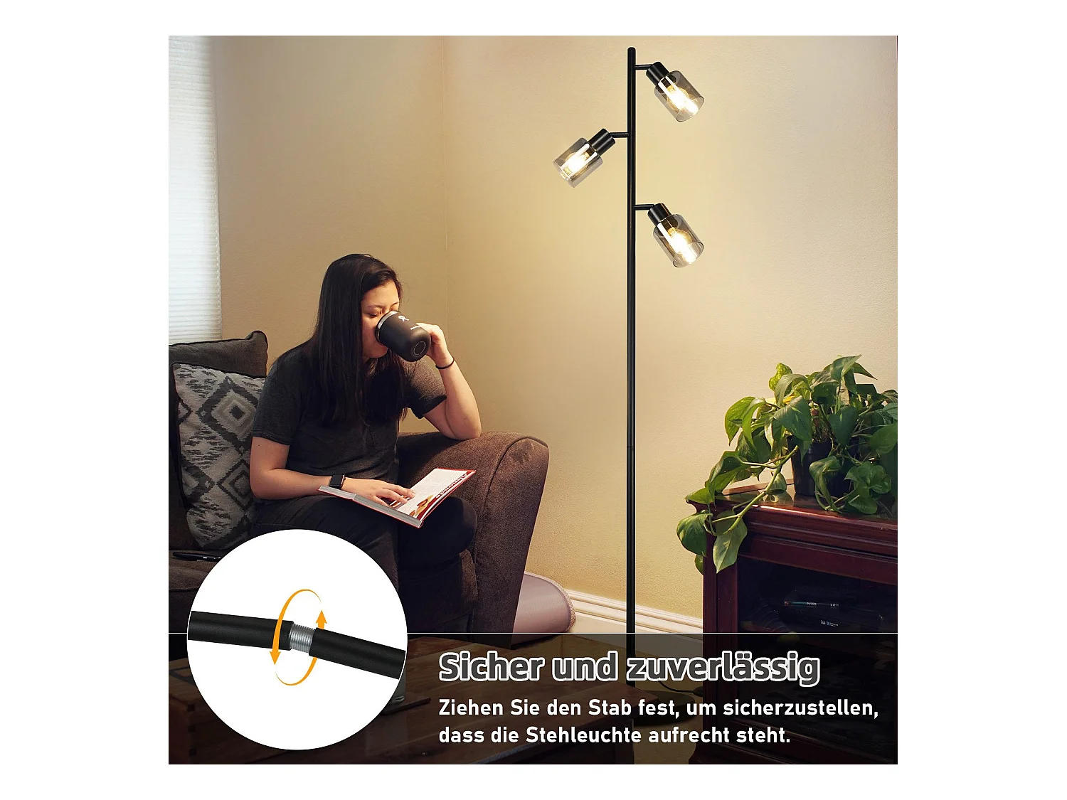 NETTLIFE Vintage staande lamp woonkamer zwarte tafellamp 3 glazen vlammen E14 fitting metalen verstelbare tafellamp 350