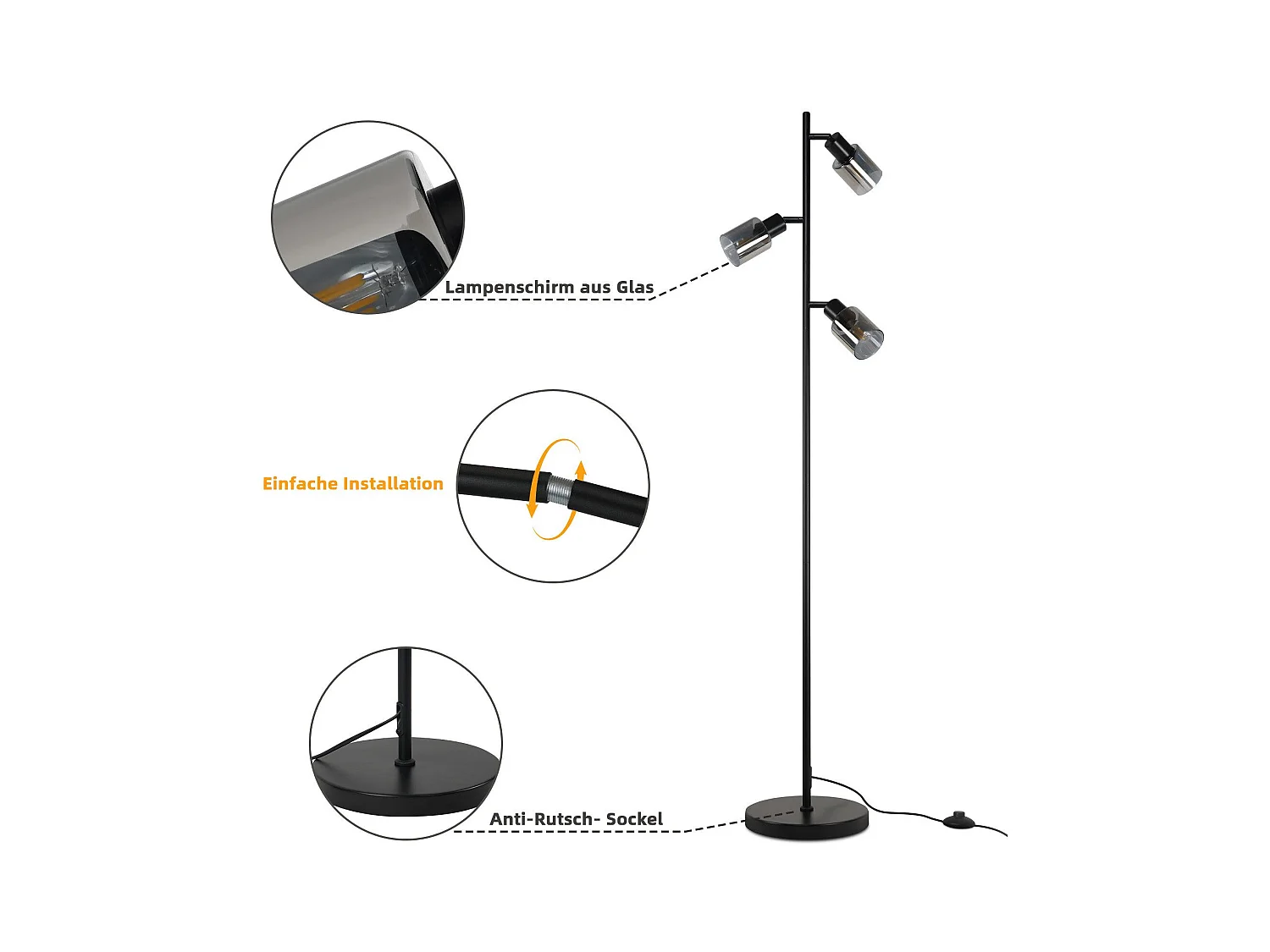 NETTLIFE Vintage staande lamp woonkamer zwarte tafellamp 3 glazen vlammen E14 fitting metalen verstelbare tafellamp 350