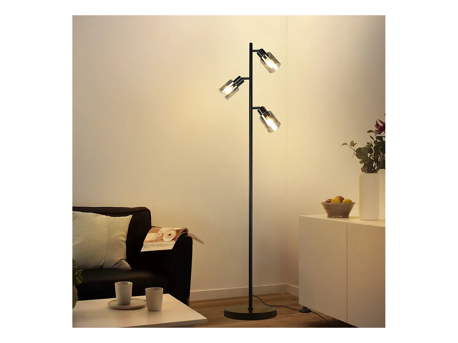 NETTLIFE Vintage staande lamp woonkamer zwarte tafellamp 3 glazen vlammen E14 fitting metalen verstelbare tafellamp 350