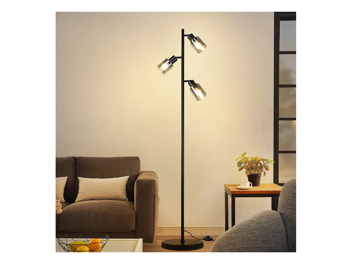 NETTLIFE Lampadaire Vintage Salon Noir Lampe à poser 3 flammes en verre Douille E14 Métal Lampe à poser Orientable 350
