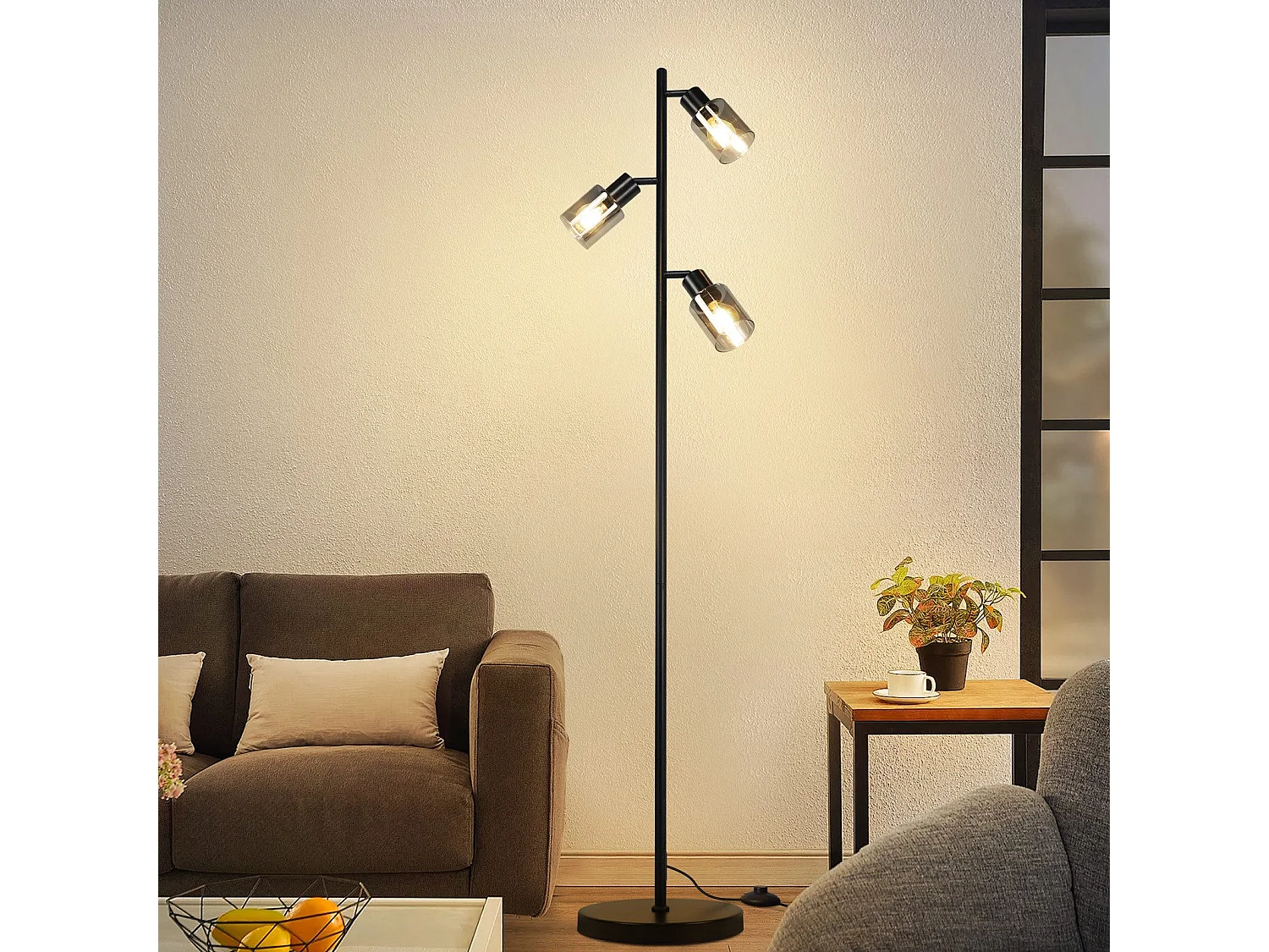 NETTLIFE Lampadaire Vintage Salon Noir Lampe à poser 3 flammes en verre Douille E14 Métal Lampe à poser Orientable 350