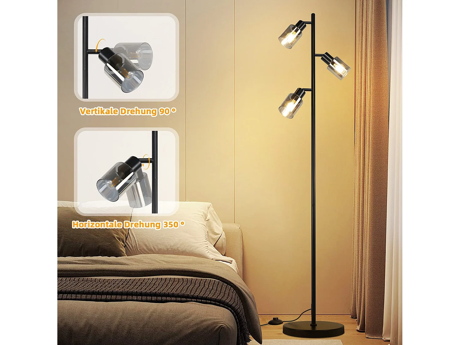 NETTLIFE Lampadaire Vintage Salon Noir Lampe à poser 3 flammes en verre Douille E14 Métal Lampe à poser Orientable 350