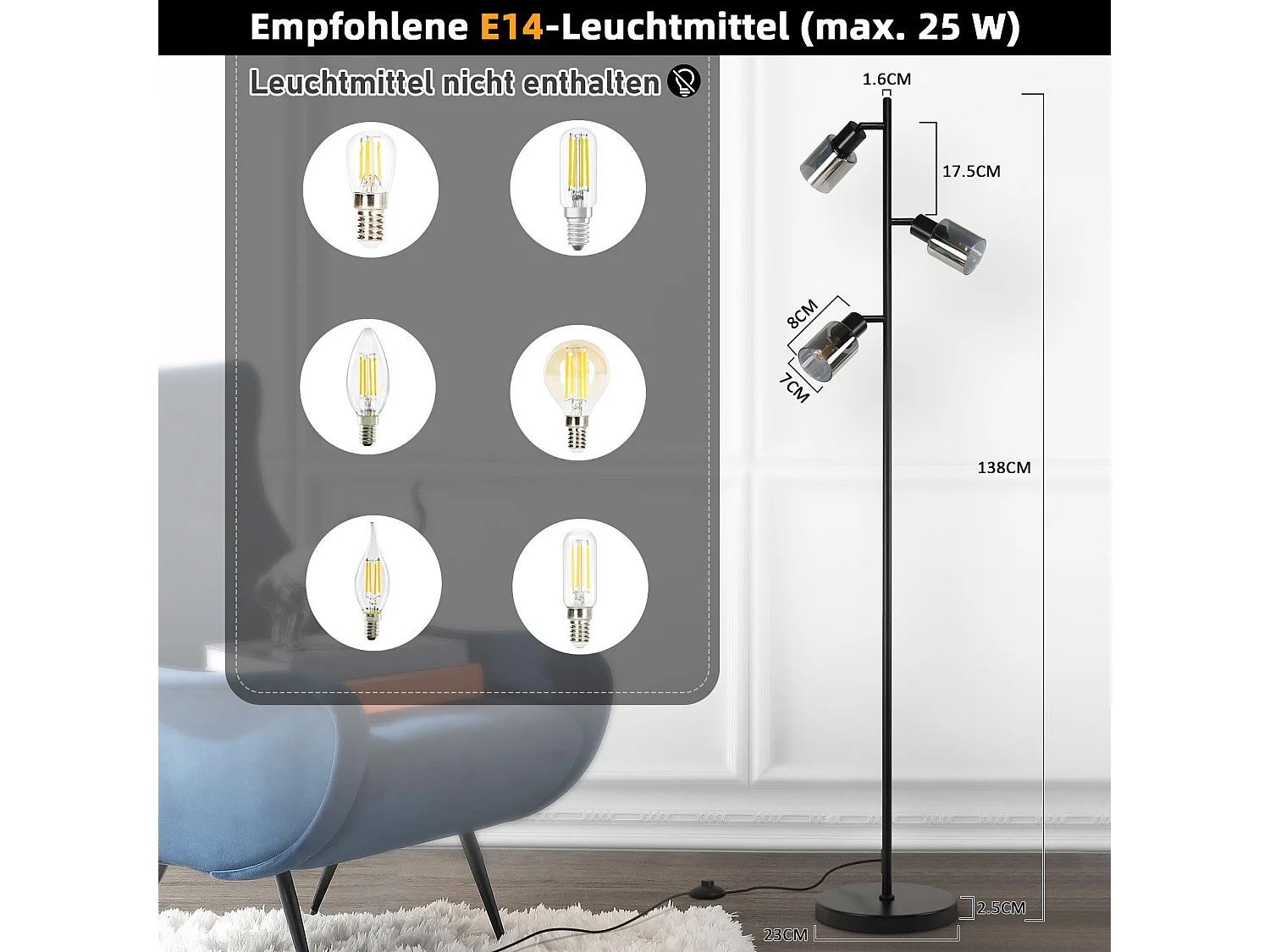 NETTLIFE Lampadaire Vintage Salon Noir Lampe à poser 3 flammes en verre Douille E14 Métal Lampe à poser Orientable 350