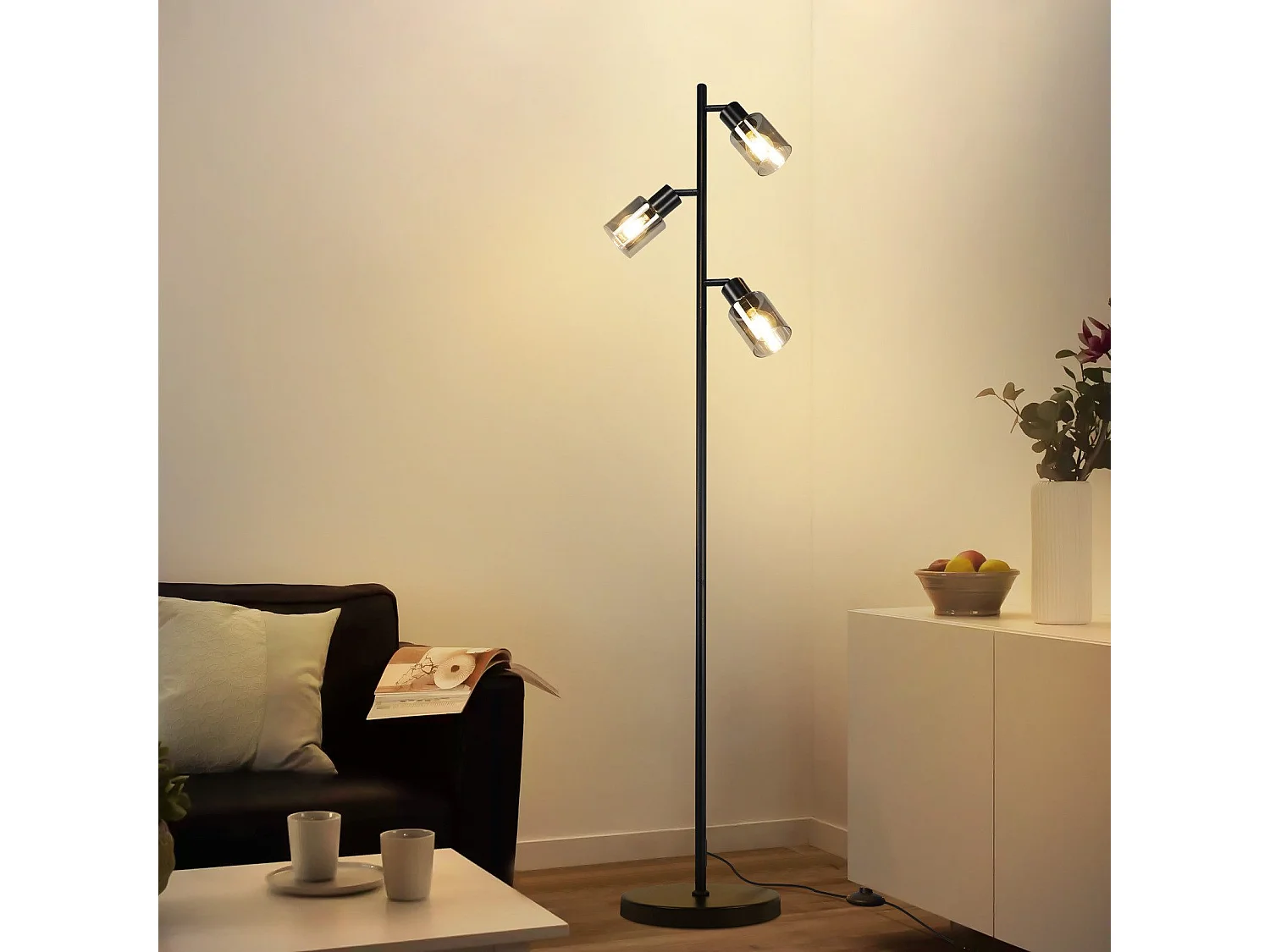 NETTLIFE Lampadaire Vintage Salon Noir Lampe à poser 3 flammes en verre Douille E14 Métal Lampe à poser Orientable 350