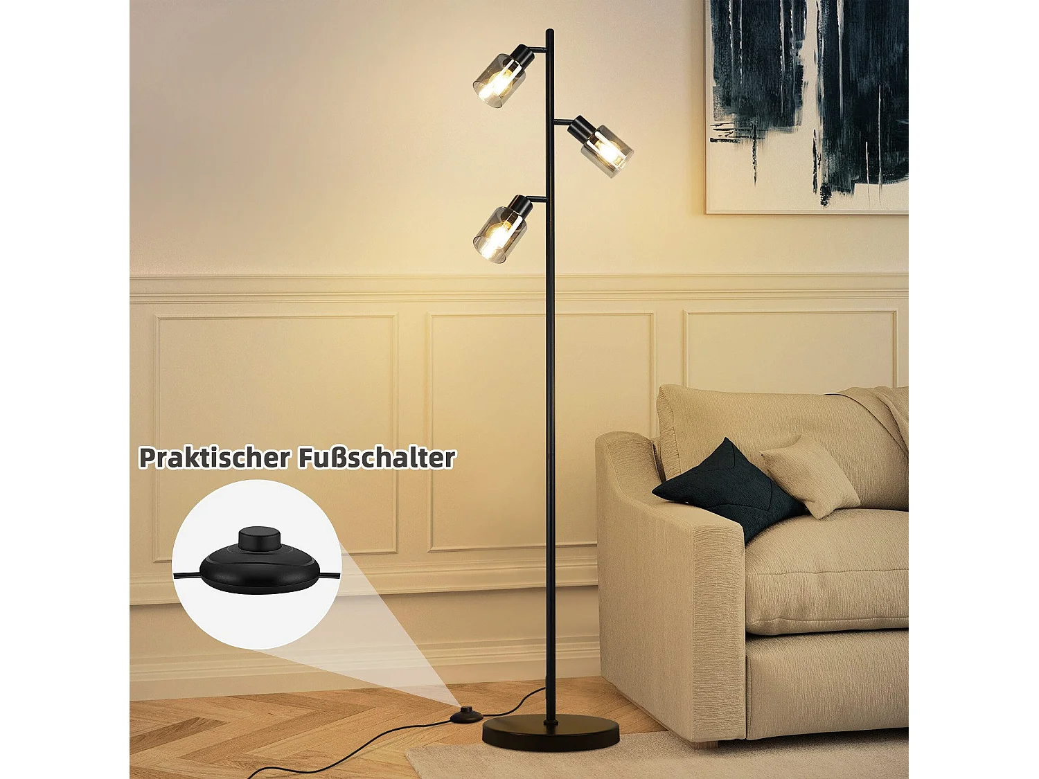 NETTLIFE Lampadaire Vintage Salon Noir Lampe à poser 3 flammes en verre Douille E14 Métal Lampe à poser Orientable 350