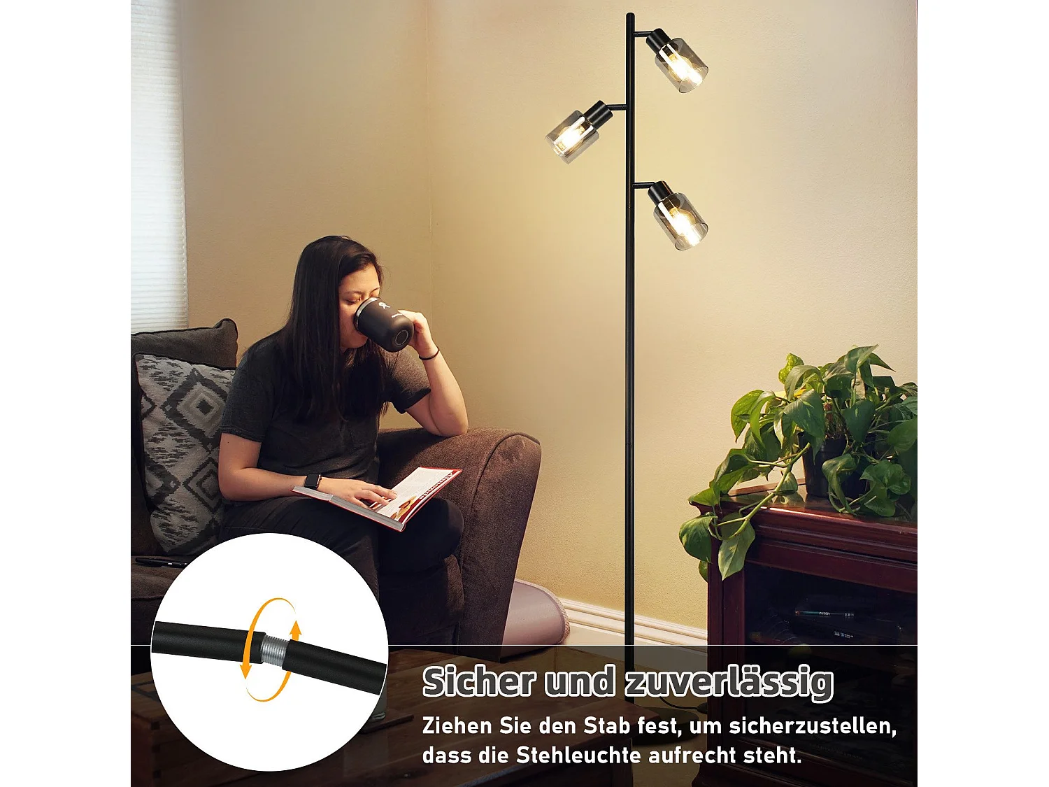 NETTLIFE Lampadaire Vintage Salon Noir Lampe à poser 3 flammes en verre Douille E14 Métal Lampe à poser Orientable 350