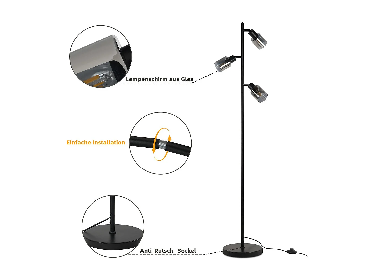 NETTLIFE Lampadaire Vintage Salon Noir Lampe à poser 3 flammes en verre Douille E14 Métal Lampe à poser Orientable 350