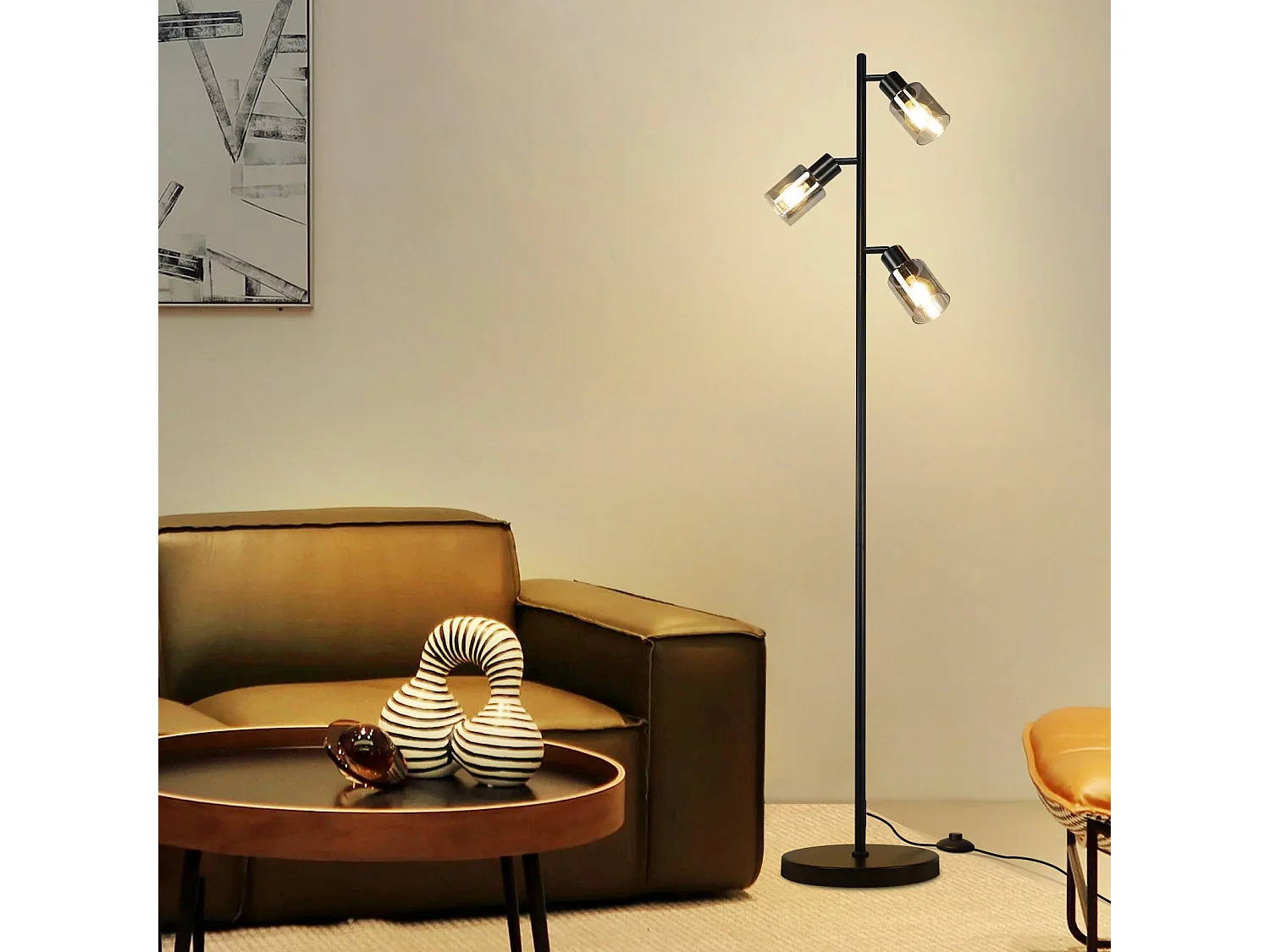 NETTLIFE Lampadaire Vintage Salon Noir Lampe à poser 3 flammes en verre Douille E14 Métal Lampe à poser Orientable 350